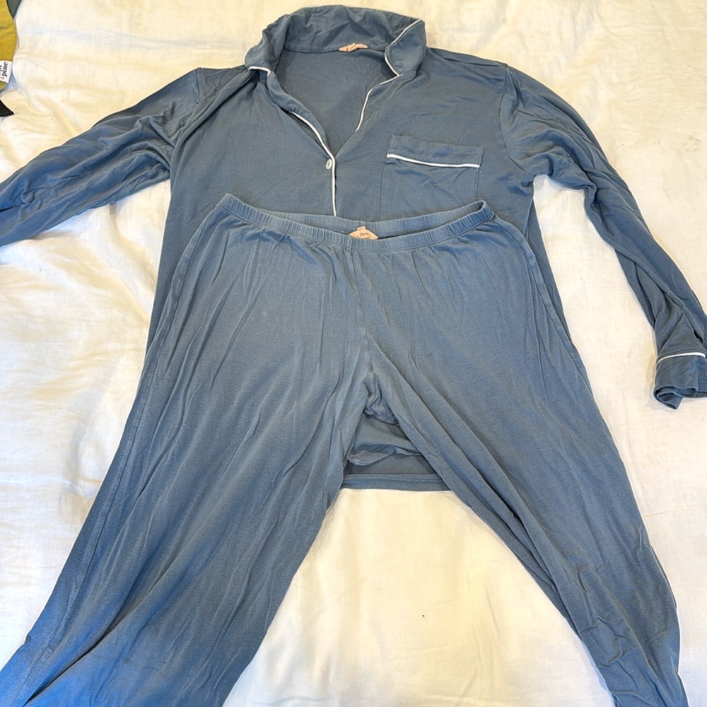 Eberjey Gisele Long PJ Set - Blue with White Piping - Size Medium